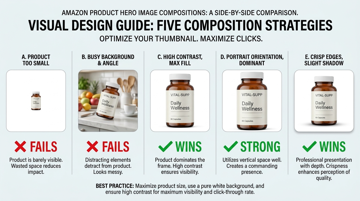 Comparison of five Amazon hero image compositions at thumbnail scale showing which compositions win scroll-stop attention and which fail