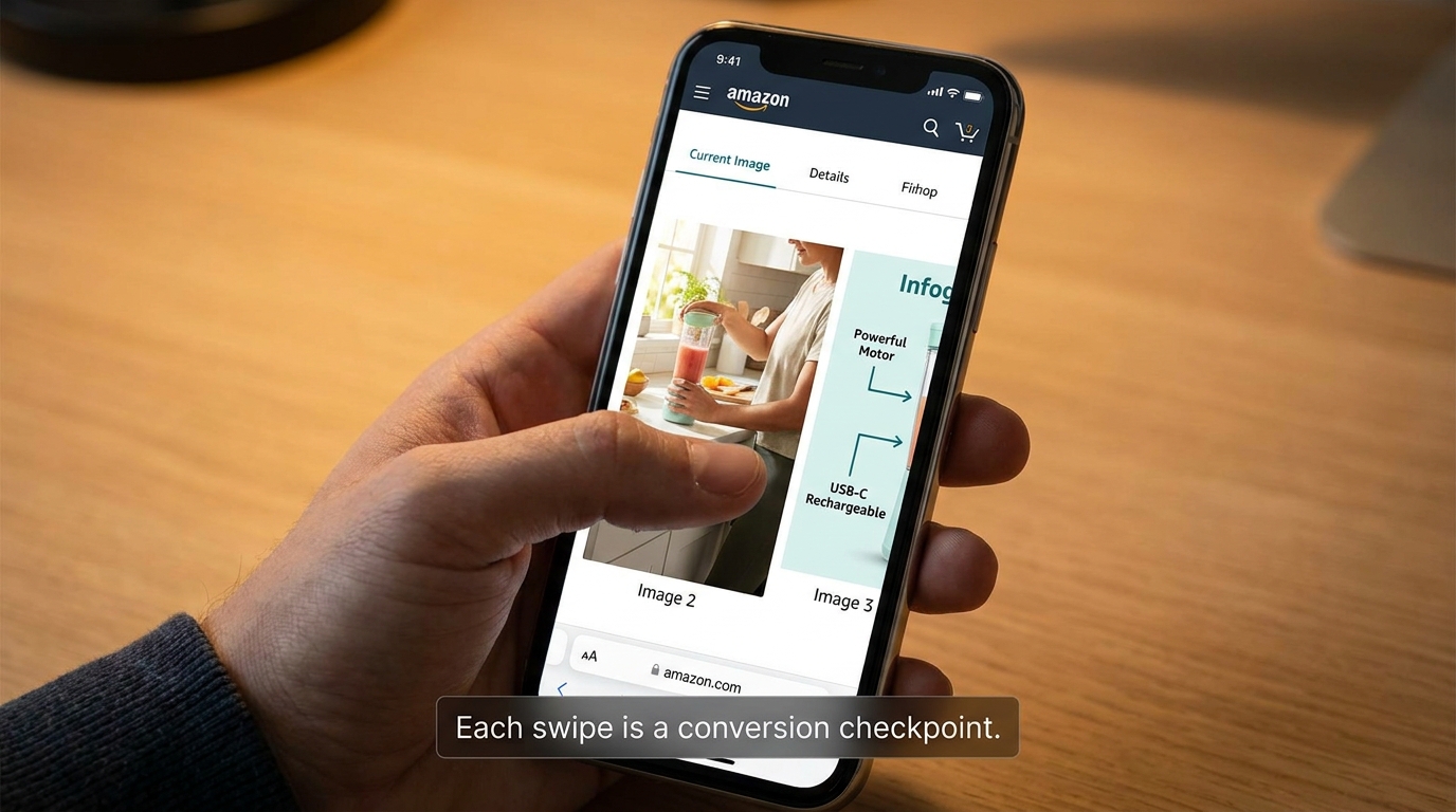 Amazon mobile product image carousel showing secondary images in 4:5 portrait ratio filling the phone screen vertically during swipe browsing