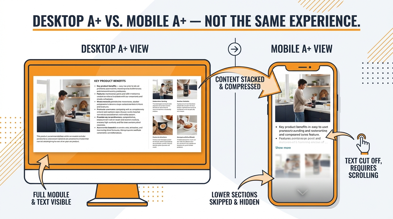 Desktop vs mobile A+ content comparison showing how wide horizontal Amazon brand story modules stack vertically and compress on mobile devices