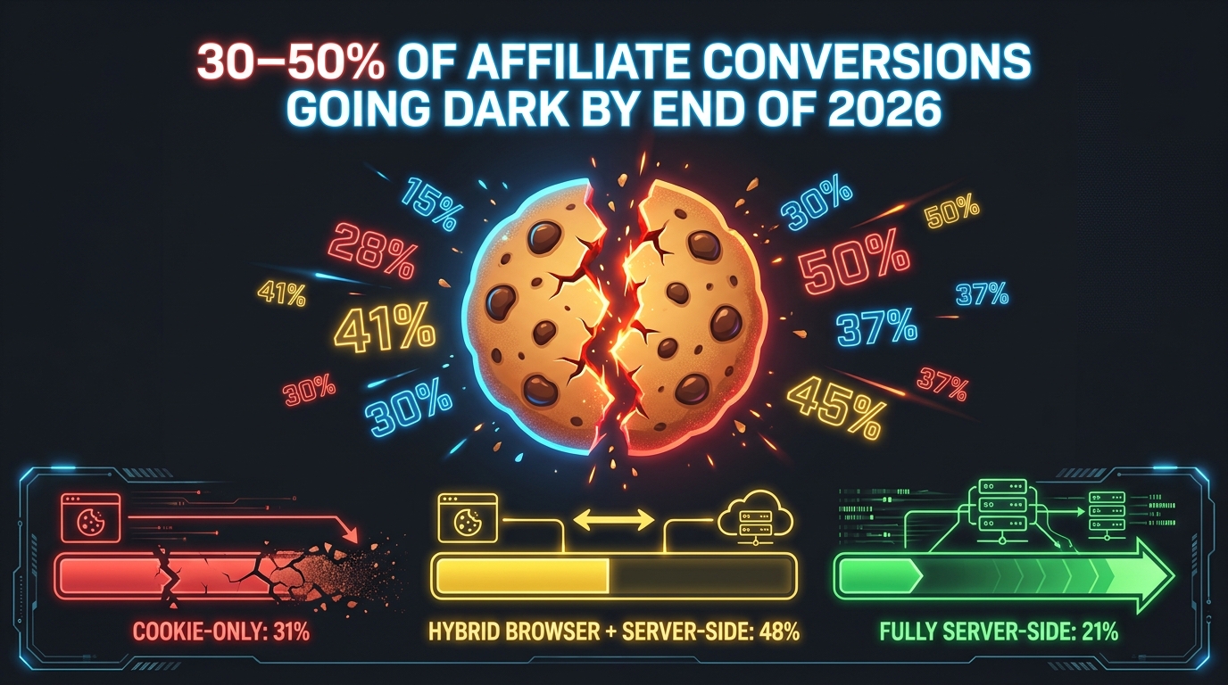 Cookie deprecation impact infographic: 30-50% of affiliate conversions going dark by end of 2026