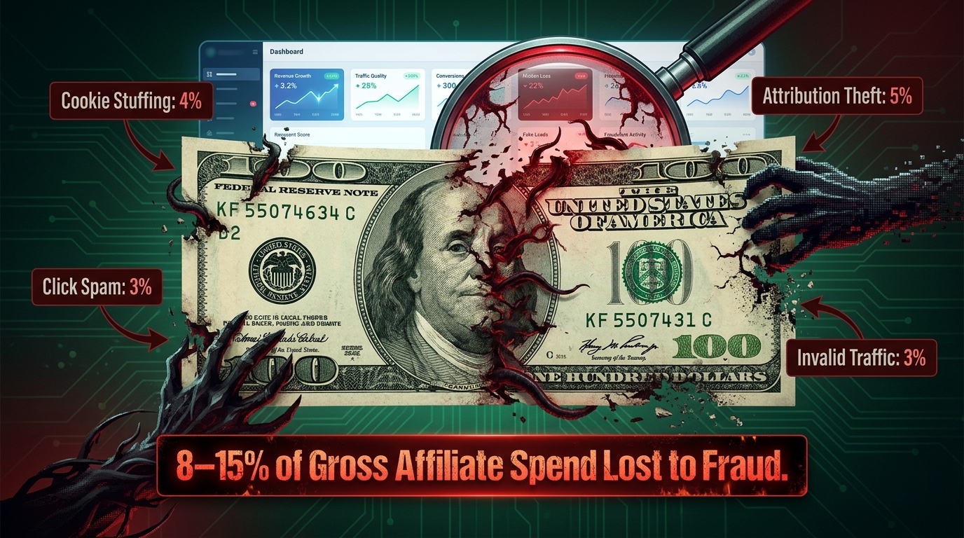 Affiliate fraud breakdown infographic showing 8-15% of gross spend lost to fraud types