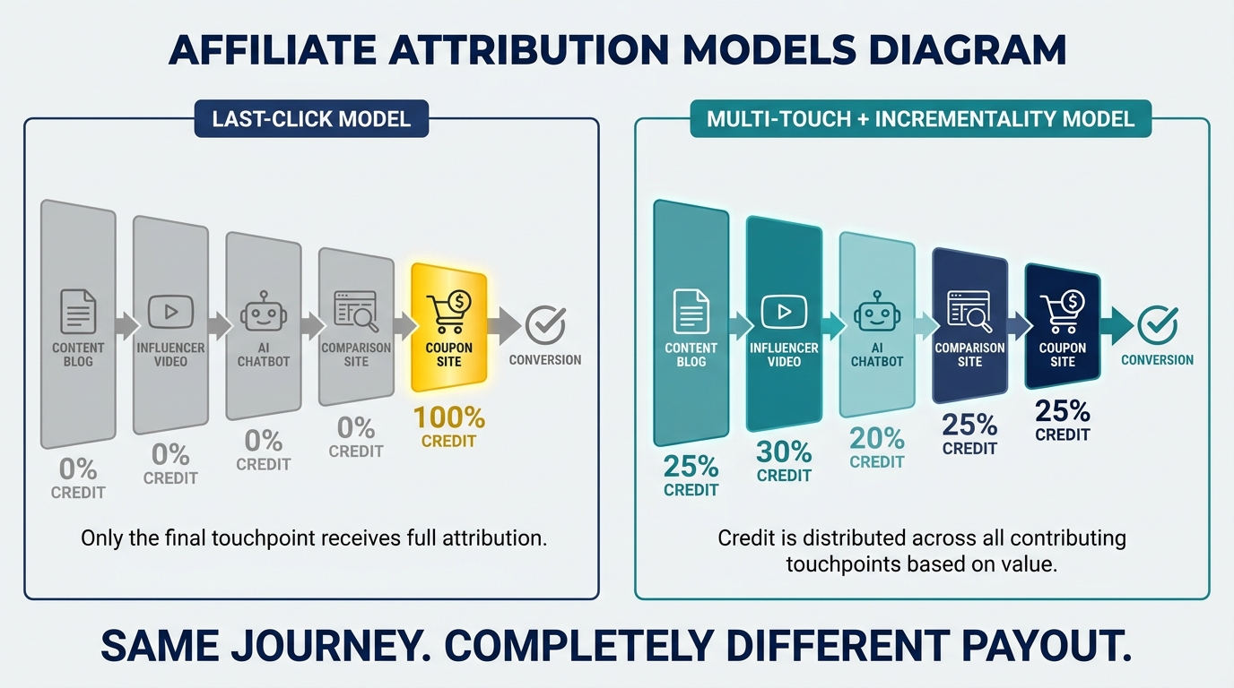 Last-click vs multi-touch attribution model comparison showing credit distribution differences