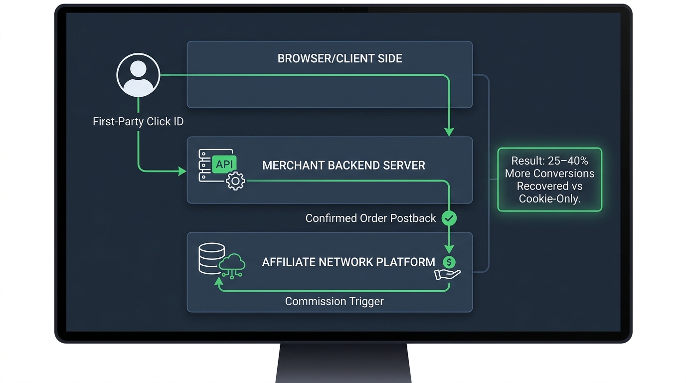 Server-side affiliate tracking architecture diagram showing S2S postback implementation layers