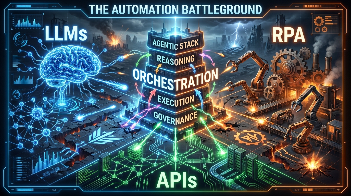 Three competing factions — LLMs, RPA, and APIs — battle for control of the enterprise agentic automation stack