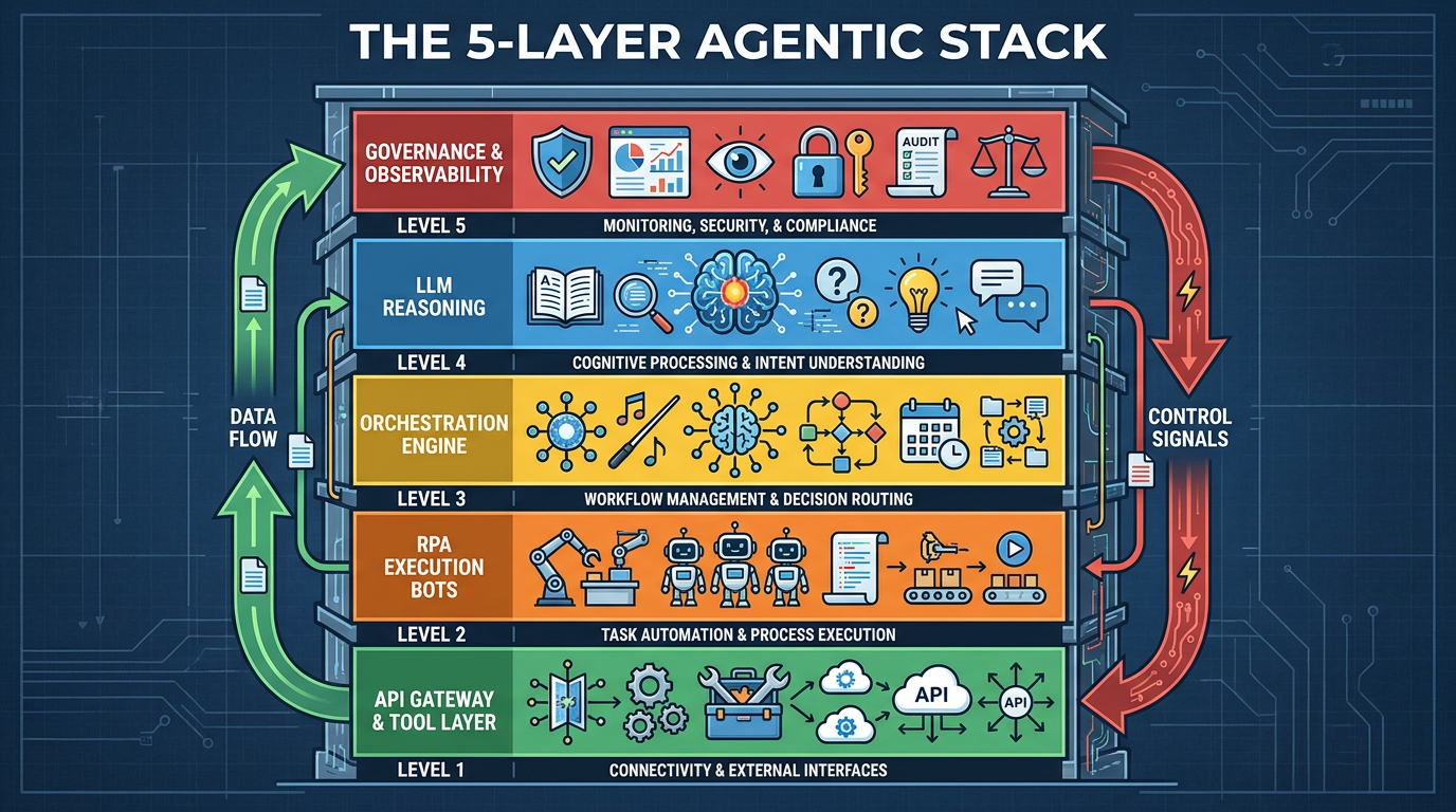 The five layers of a modern agentic AI stack — from API gateway to governance — stacked as floors of a building