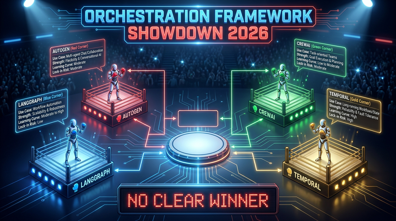 Orchestration framework showdown 2026 — LangGraph vs AutoGen vs CrewAI vs Temporal: No clear winner