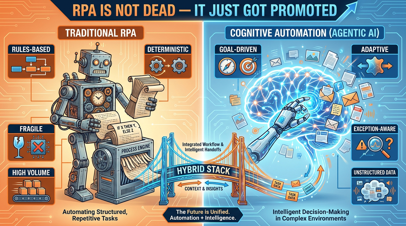 Traditional RPA versus cognitive agentic automation — a hybrid stack bridges both sides