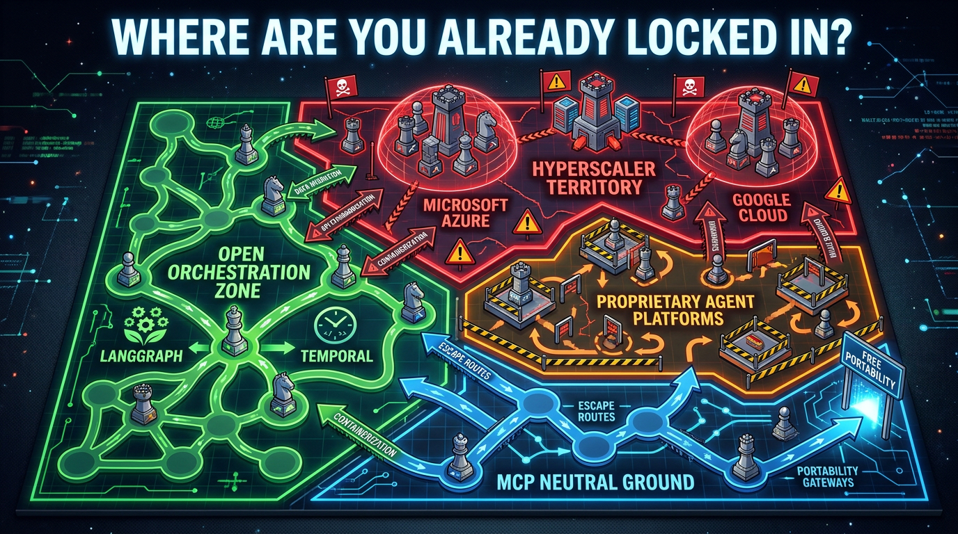Lock-in risk map for agentic stacks — hyperscaler territory, open orchestration zones, and MCP neutral ground