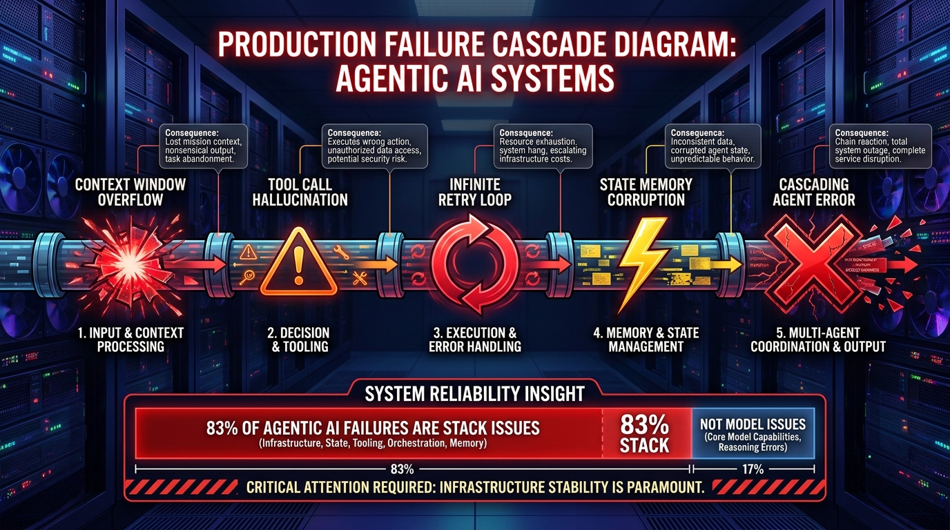 Agentic AI production failure cascade — context overflow, tool hallucination, infinite loops, and state corruption hit in sequence