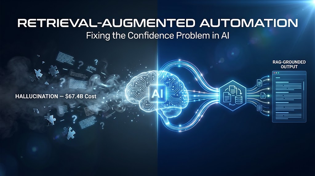 Retrieval-Augmented Automation: split-screen concept showing AI hallucination on the left versus RAG-grounded accurate output on the right, with glowing data pipelines connecting to verified knowledge sources