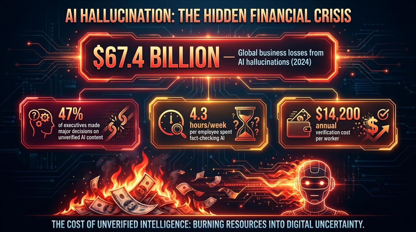 Infographic showing AI hallucination cost statistics: $67.4 billion global business losses, 47% of executives made decisions on unverified AI content, $14,200 annual cost per employee for fact-checking AI outputs