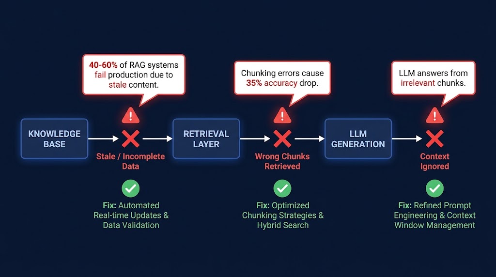 Architecture diagram showing the three failure points in a RAG pipeline: stale knowledge base data, wrong chunks retrieved at the retrieval layer, and LLM ignoring context at the generation stage, with fixes shown for each