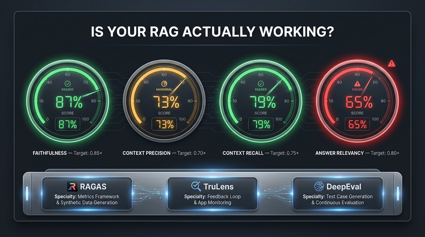 RAG evaluation scorecard dashboard showing faithfulness, context precision, context recall, and answer relevancy metrics as circular gauges, with RAGAS, TruLens, and DeepEval evaluation tools