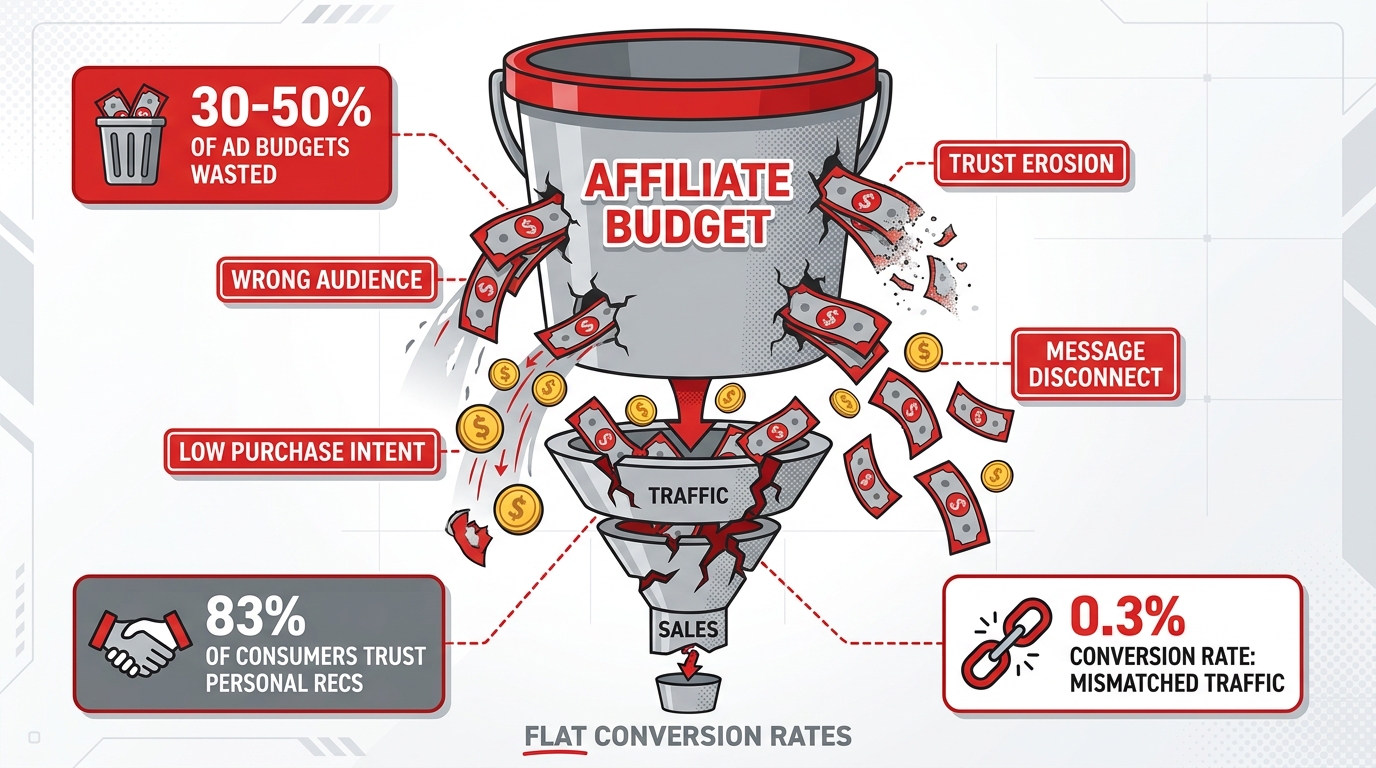 Leaking budget infographic showing the cost of creator-product mismatch in affiliate marketing
