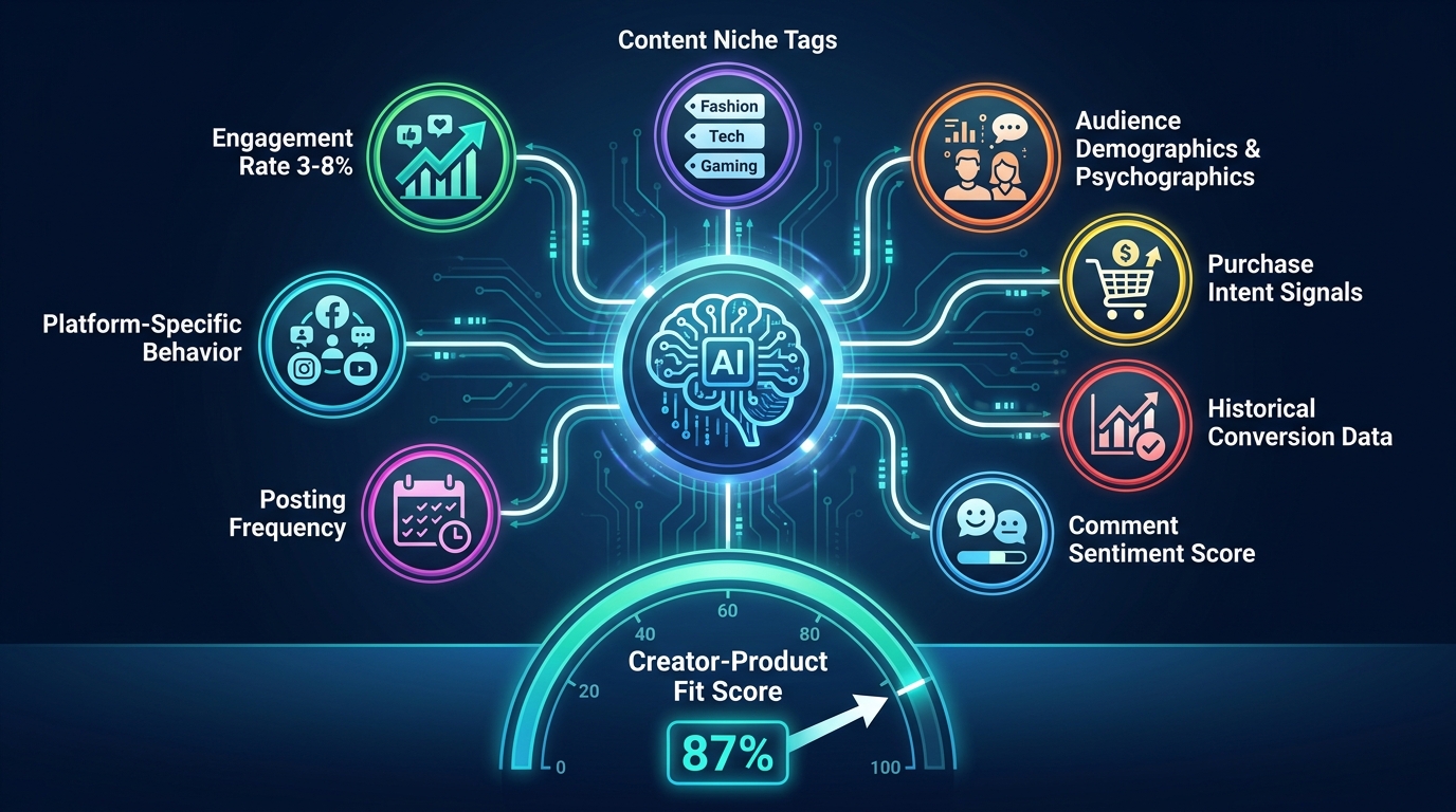 AI signal map showing data inputs for creator-product fit scoring including engagement rate, niche tags, audience demographics, and purchase intent