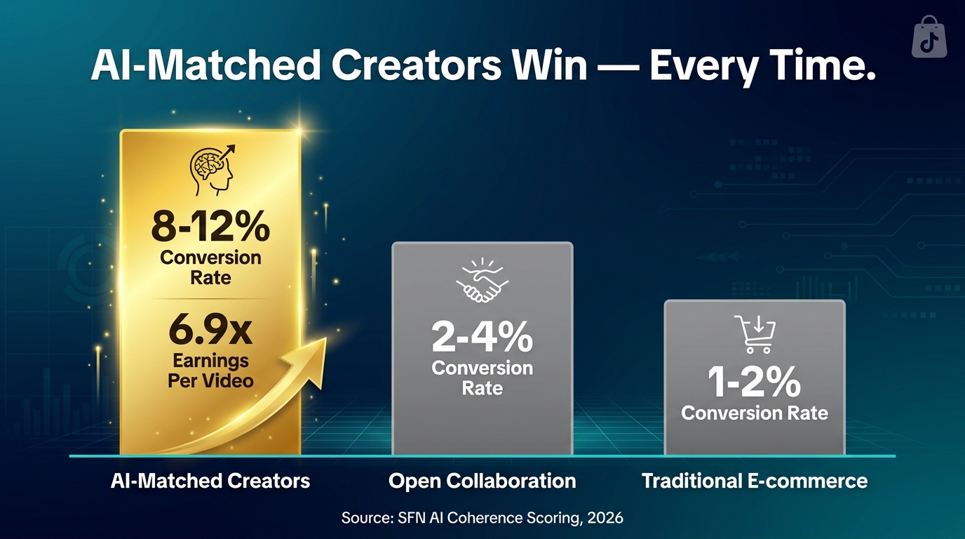 Bar chart comparing AI-matched creator conversion rates vs open collaboration and traditional e-commerce on TikTok Shop 2026