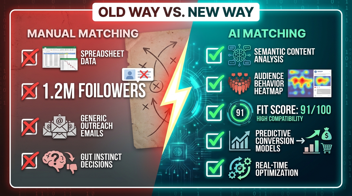 Old vs New affiliate matching comparison infographic — manual follower count vs AI fit score