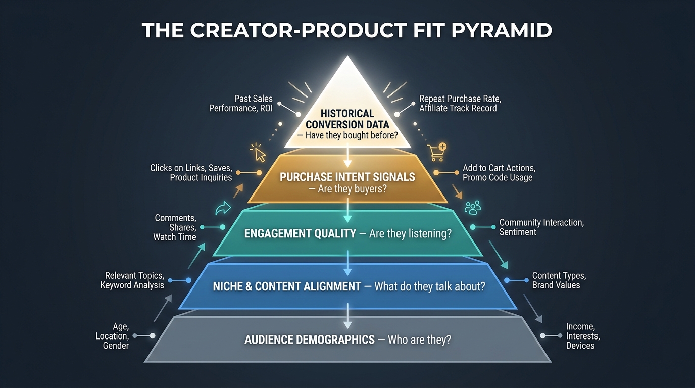 The Creator-Product Fit Pyramid framework for affiliate matching showing five tiers from audience demographics to conversion data