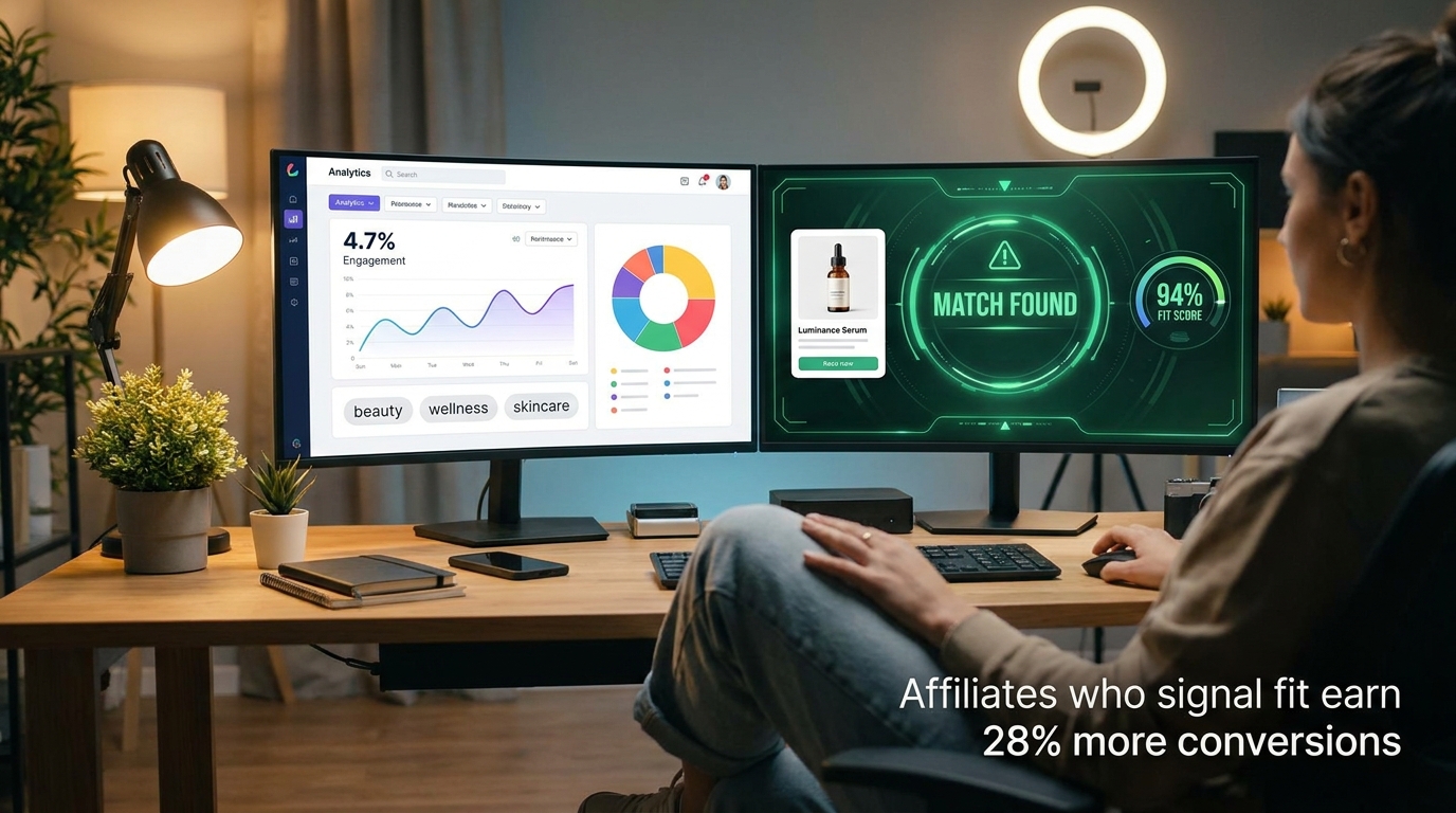 Content creator reviewing AI match analytics dashboard showing fit score, engagement data, and affiliate product recommendation