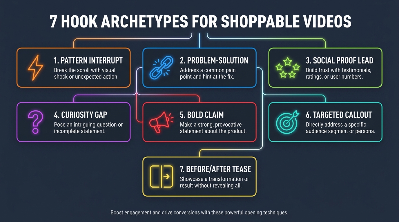 Infographic showing the 7 hook archetypes for shoppable videos: Pattern Interrupt, Problem-Solution, Social Proof Lead, Curiosity Gap, Bold Claim, Targeted Callout, and Before/After Tease