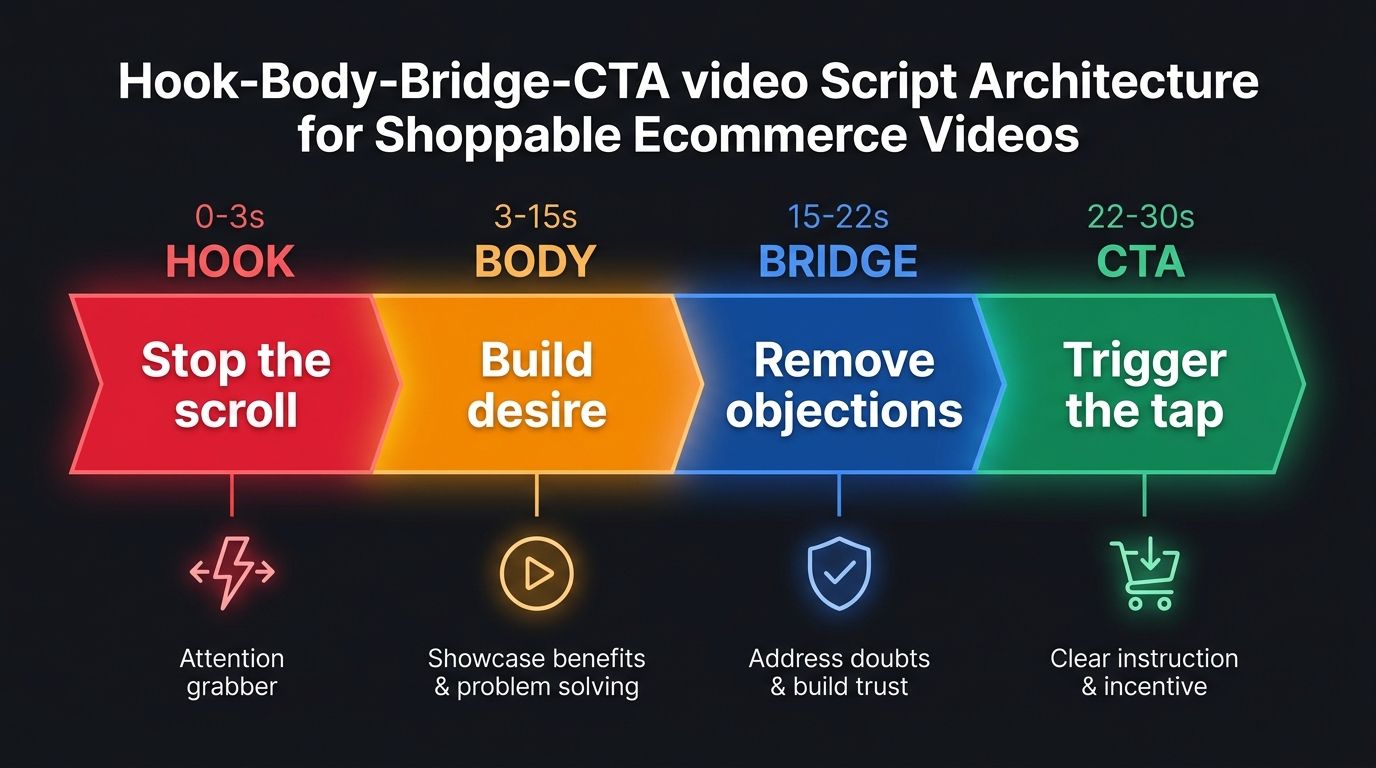 Diagram of the Hook-Body-Bridge-CTA video script architecture with color-coded timeline segments: Hook 0-3s, Body 3-15s, Bridge 15-22s, CTA 22-30s