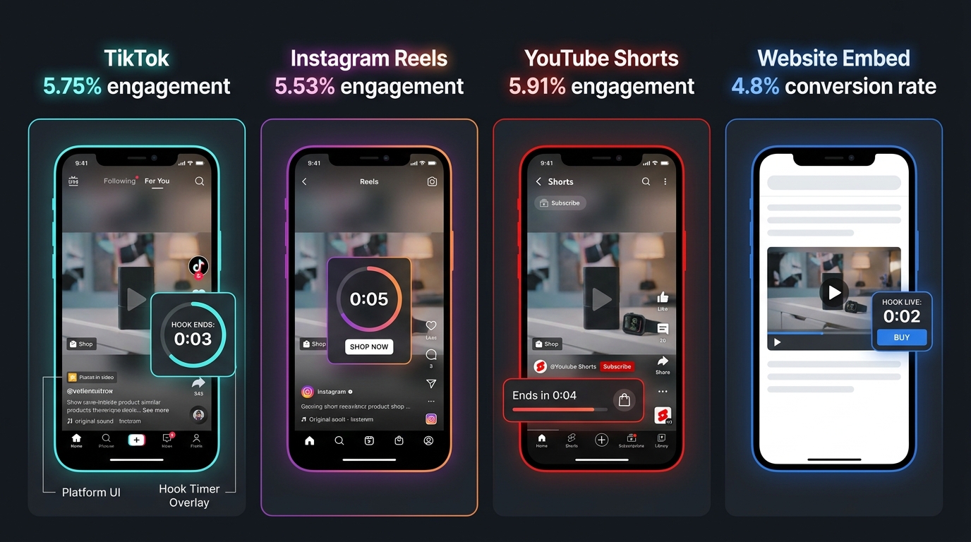 Platform comparison showing TikTok (5.75% engagement), Instagram Reels (5.53%), YouTube Shorts (5.91%), and website embeds (4.8% conversion rate) for shoppable video