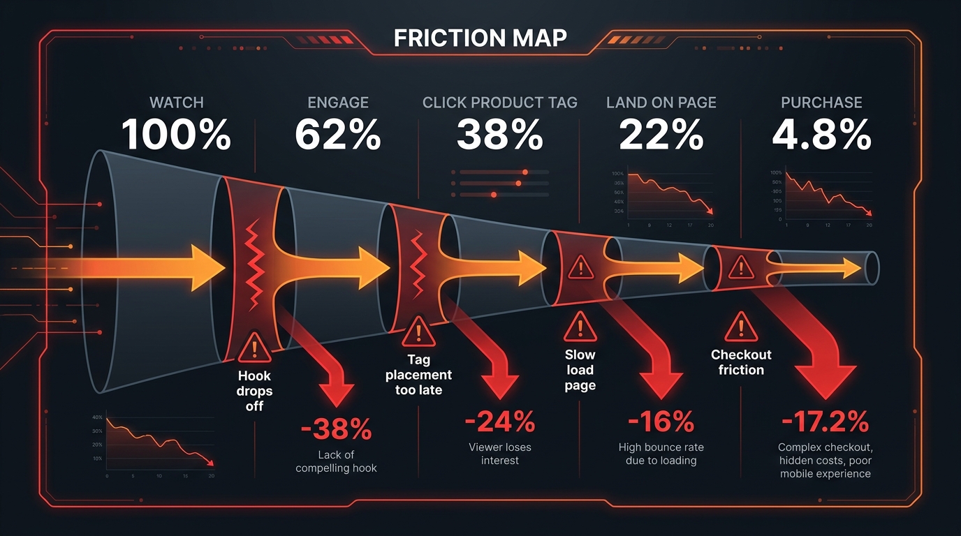 Friction map funnel showing conversion drop-off from video watch through engage, click product tag, land on page, to purchase — with friction points labeled at each stage