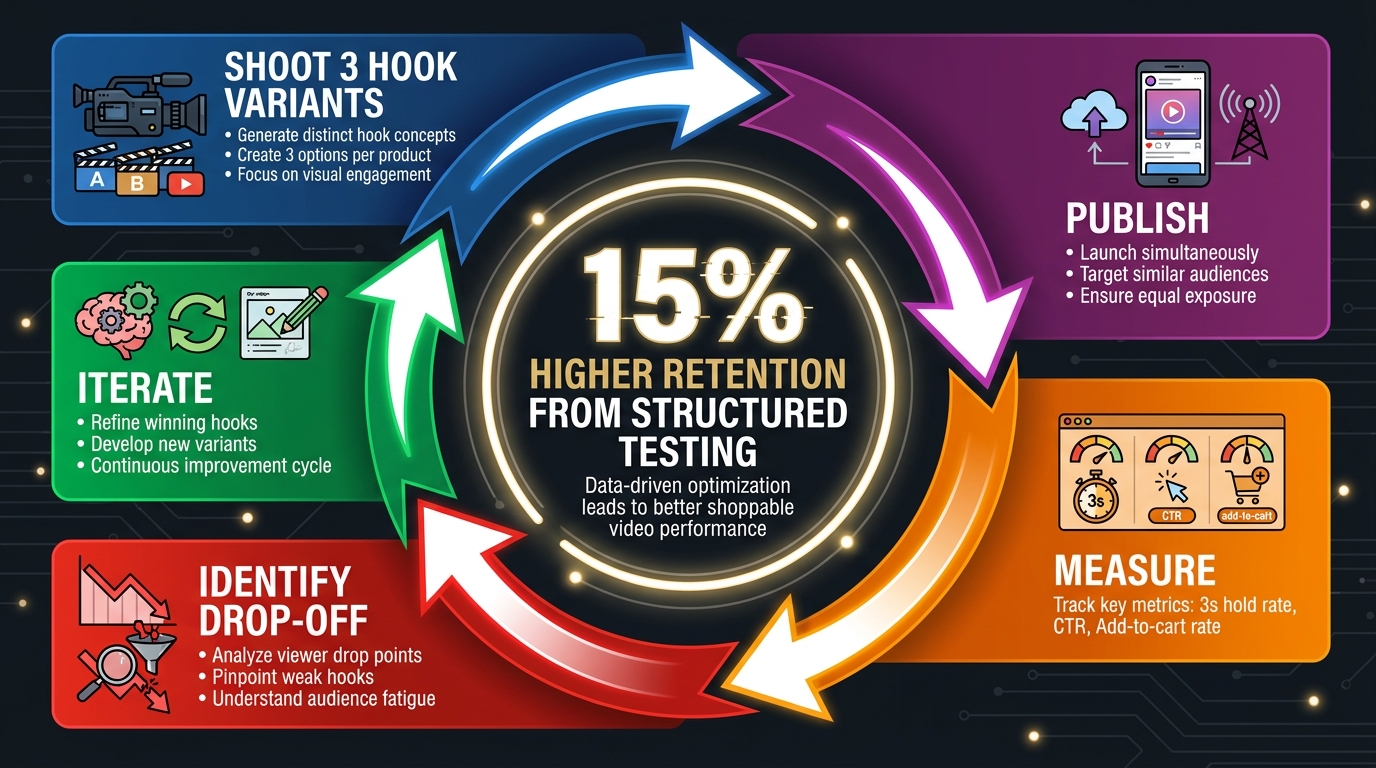 A/B testing loop diagram for shoppable video hook optimization showing the five stages: shoot variants, publish, measure, identify drop-off, and iterate