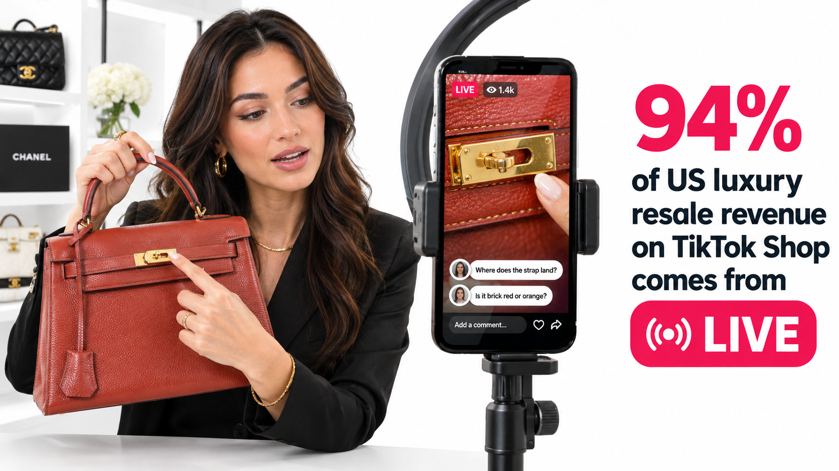 Livestream host showing a pre-owned designer handbag to camera while viewers ask about strap length and color, with callout that 94% of US luxury resale revenue on TikTok Shop comes from LIVE