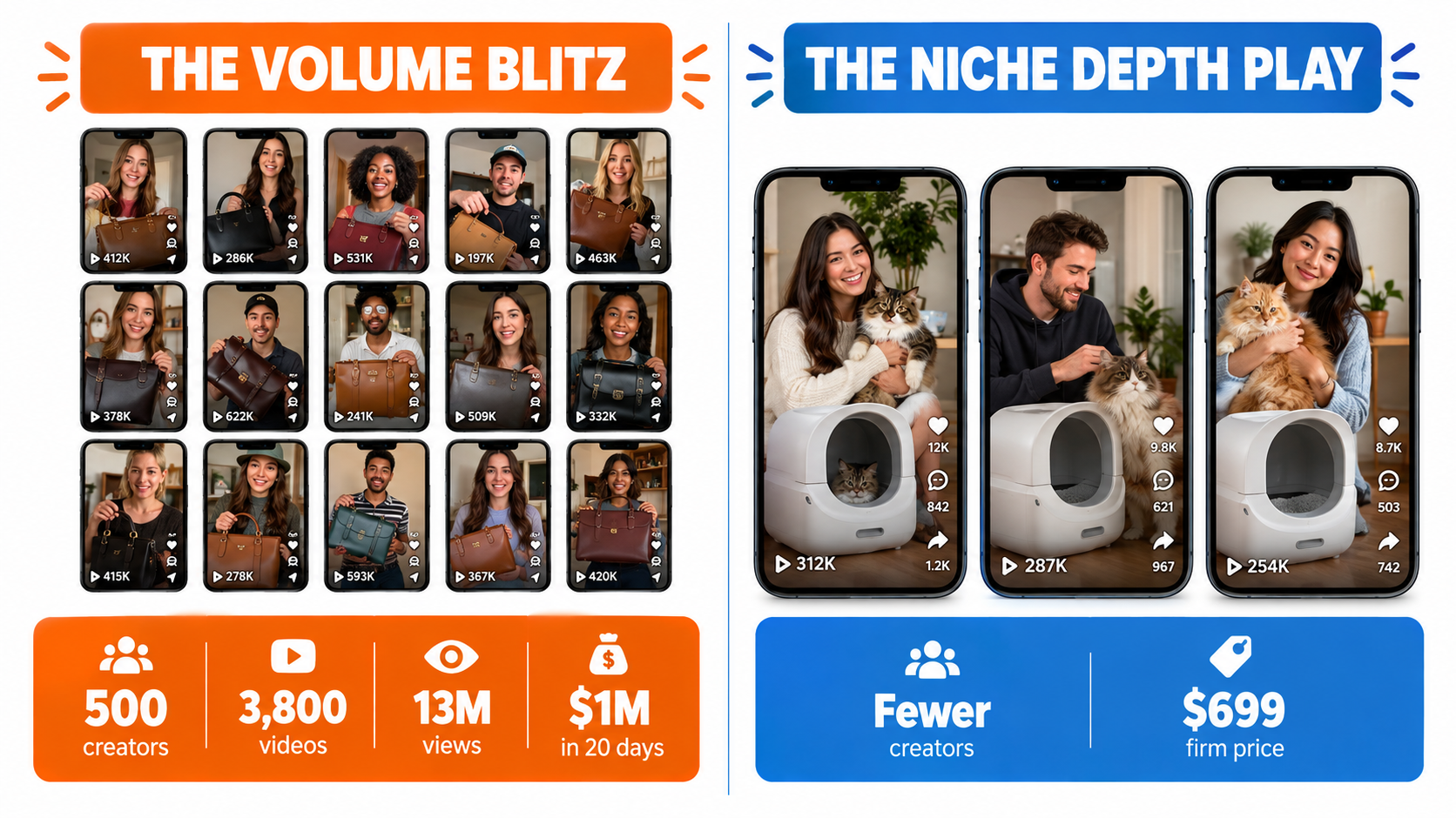 Split comparison of the volume blitz affiliate strategy with 500 creators and 3,800 videos versus the niche depth strategy with fewer creators and a firm $699 price