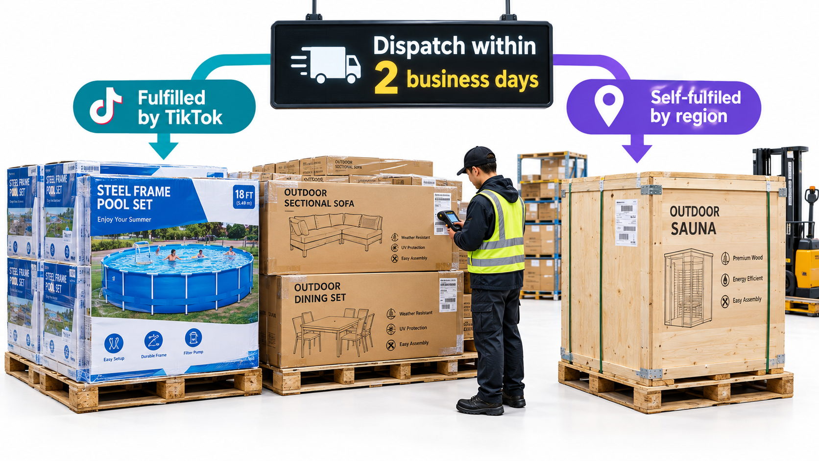 Warehouse with boxed pools, outdoor furniture and a sauna crate, with a sign reading dispatch within 2 business days and arrows splitting orders between Fulfilled by TikTok and self-fulfillment