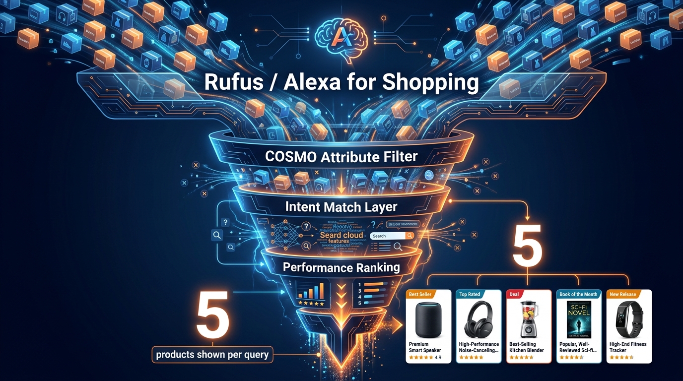 Rufus AI funnel showing thousands of listings filtered down to 5 products per query