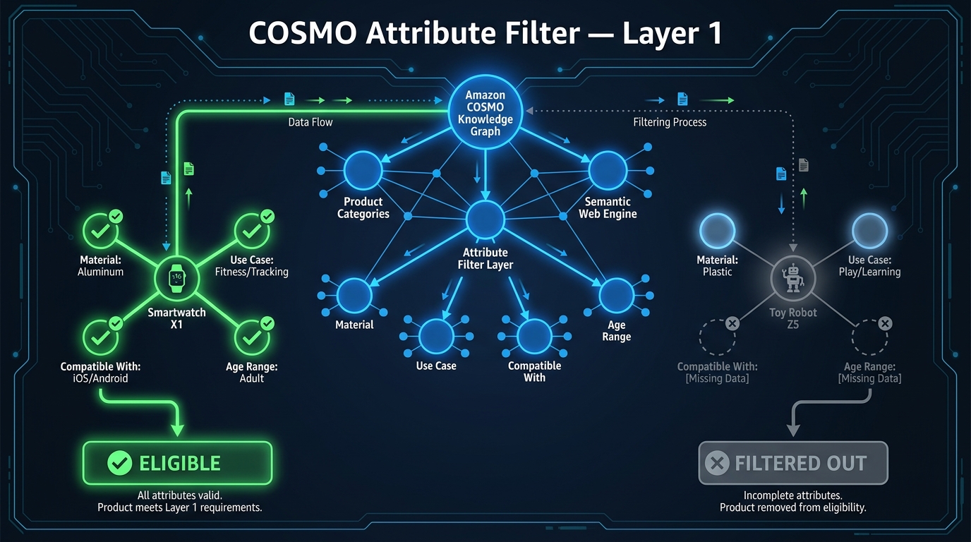 COSMO knowledge graph showing product attribute nodes — complete listings glow green, incomplete ones are filtered out