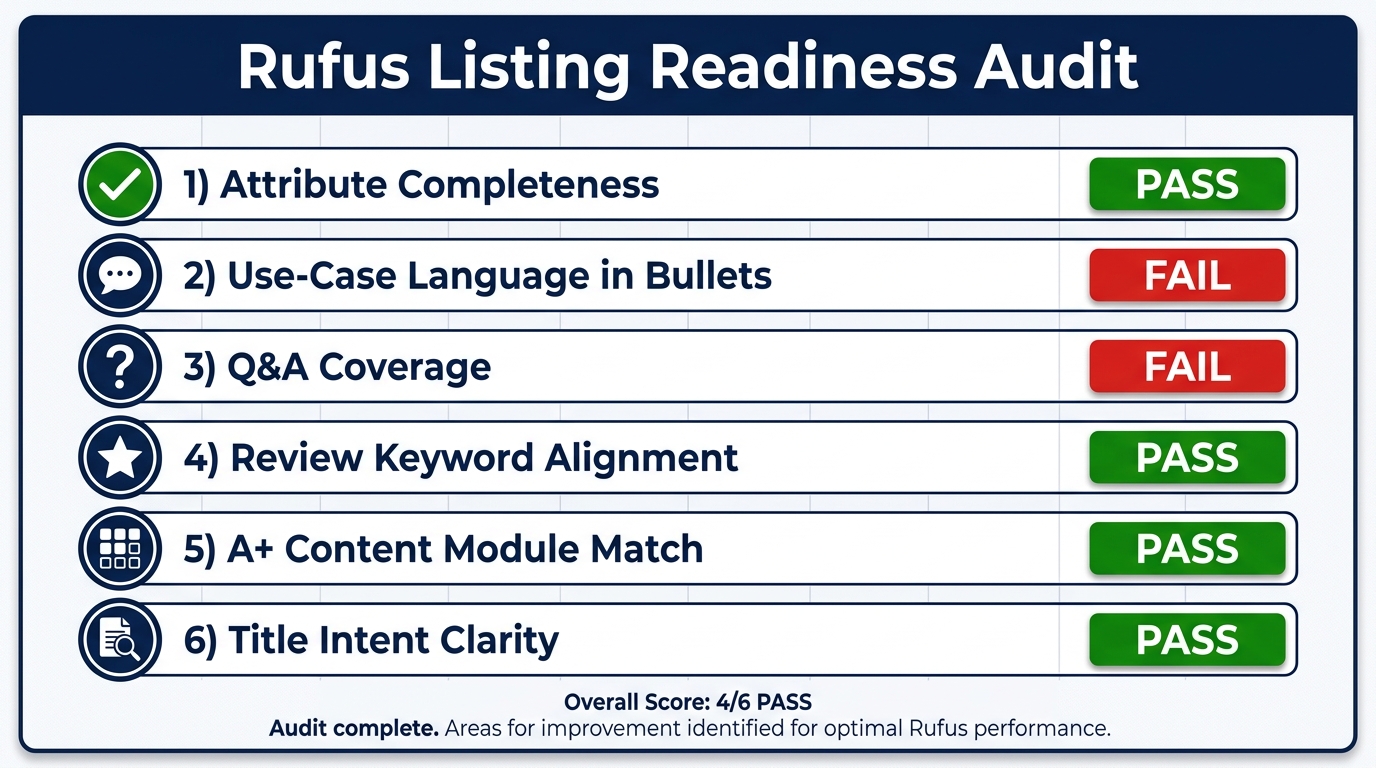 Rufus Listing Readiness Audit checklist showing 6 criteria with pass/fail status indicators