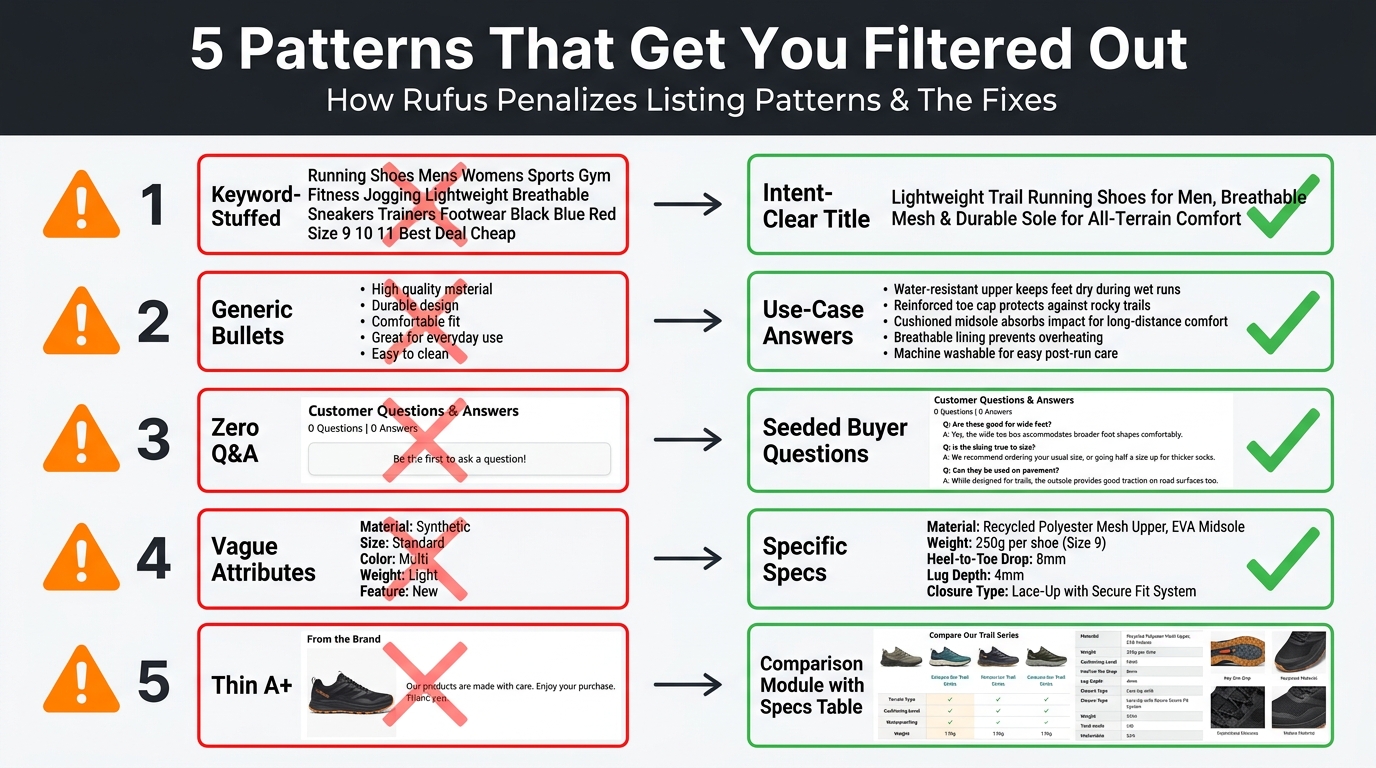 Infographic listing 5 patterns Rufus penalizes with bad examples crossed out in red and fixes shown in green