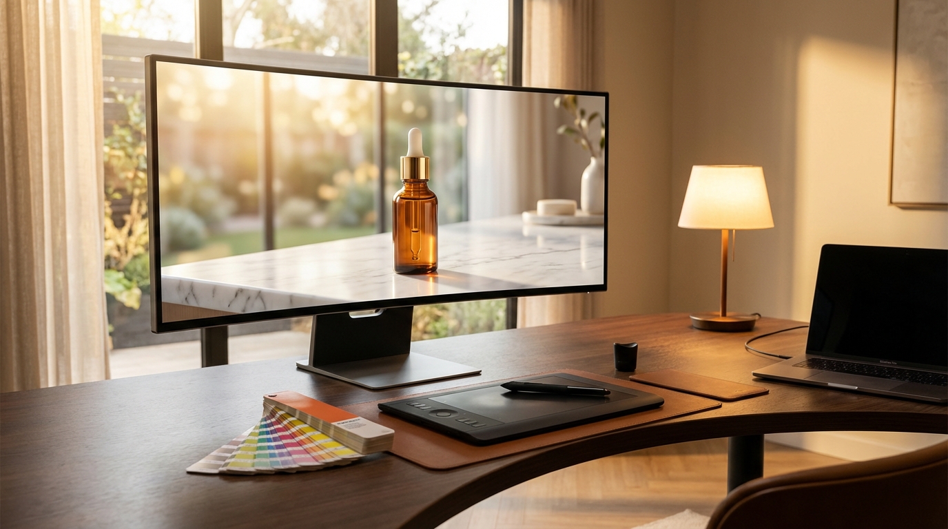 Creative studio workspace with AI-generated lifestyle product photography on monitor