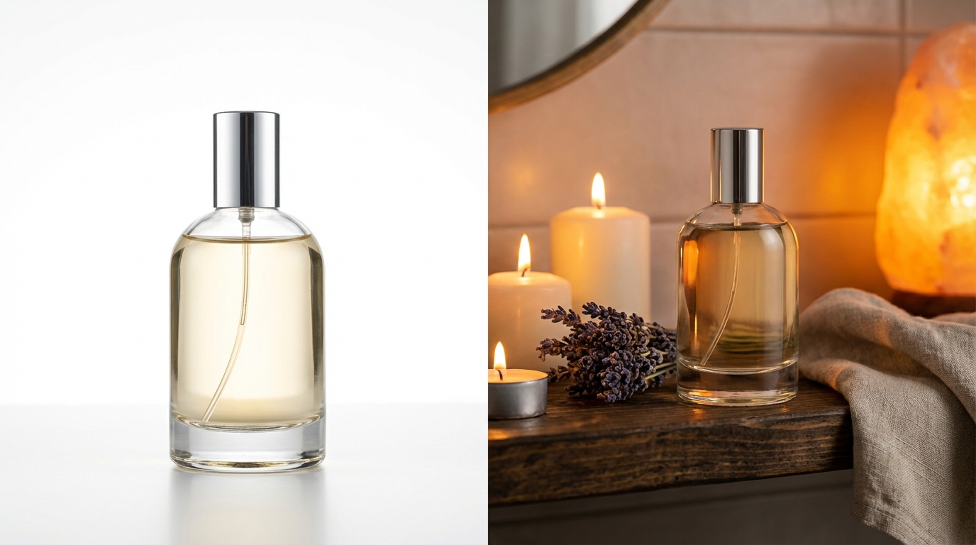 Product photography comparison showing white studio background versus AI-generated lifestyle background with warm bathroom setting