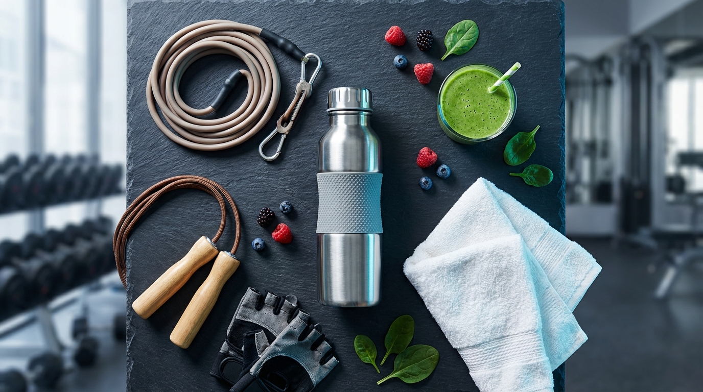 AI-generated lifestyle product photography showing athletic water bottle in a gym setting with professional commercial photography lighting