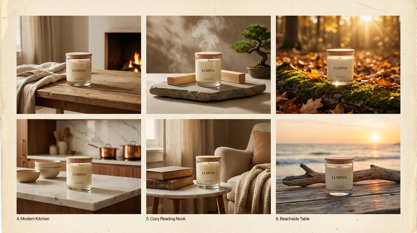 Brand consistency mood board showing the same candle product in six different lifestyle settings with cohesive visual treatment