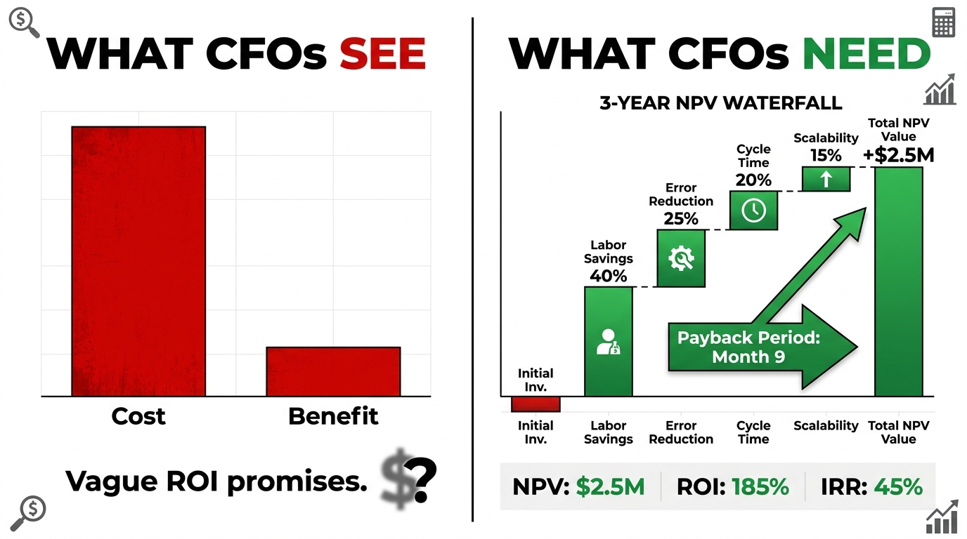 Split-screen comparison showing what CFOs see versus what CFOs need in an IPA business case, with NPV waterfall charts and labeled ROI components