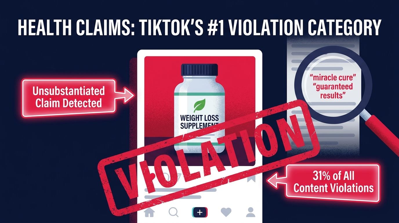 TikTok Shop health claims violation infographic showing 31% of all content violations come from unsubstantiated health claims