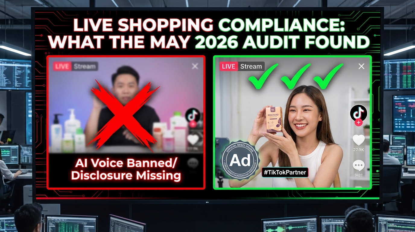 TikTok Shop live shopping compliance split-screen showing non-compliant creator vs. compliant creator with proper Ad disclosure badges
