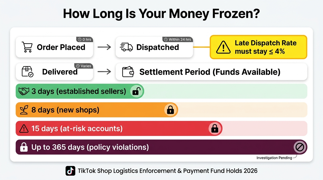 TikTok Shop logistics enforcement infographic showing settlement periods from 3 days to 365 days based on seller status and violation history