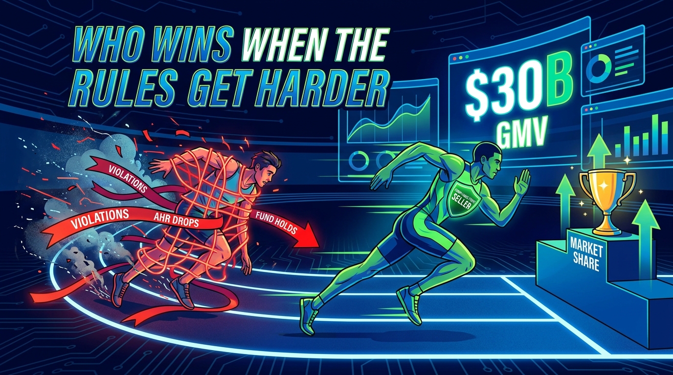 TikTok Shop compliance advantage illustration showing compliant seller sprinting ahead while non-compliant seller is tangled in violations, with $30B GMV backdrop