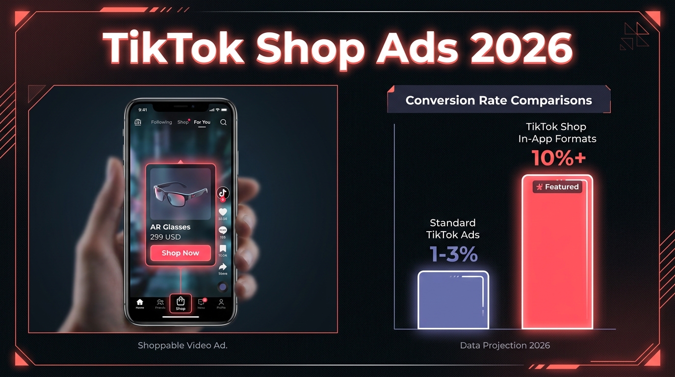 TikTok Shop Ads 2026 - conversion rate comparison infographic showing in-app formats converting at 10%+ versus standard ads at 1-3%