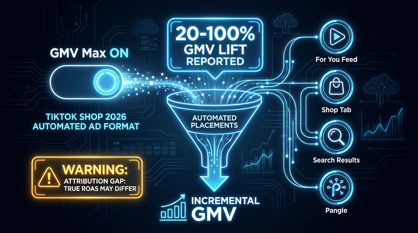 GMV Max TikTok dashboard infographic showing automated placement distribution across For You Feed, Shop Tab, Search Results with 20-100% GMV lift stat and attribution warning