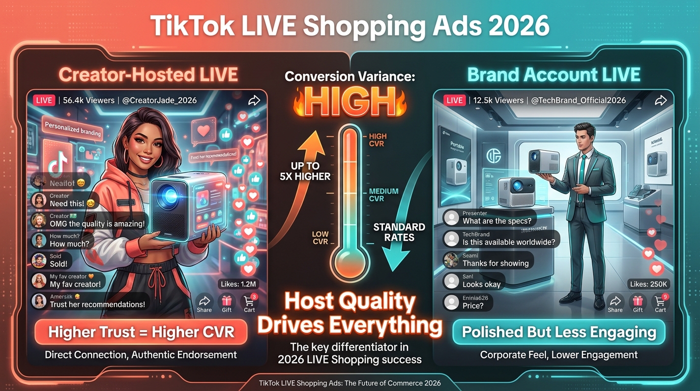 TikTok LIVE Shopping Ads comparison infographic - creator-hosted LIVE vs brand account LIVE showing conversion variance and host quality impact