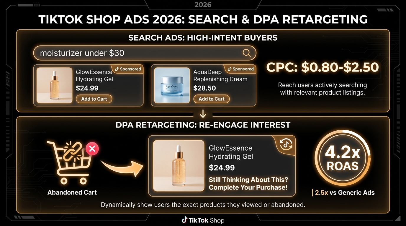 TikTok Shop Search Ads and Dynamic Product Ads retargeting infographic showing search placement CPC benchmarks and abandoned cart recovery ROAS