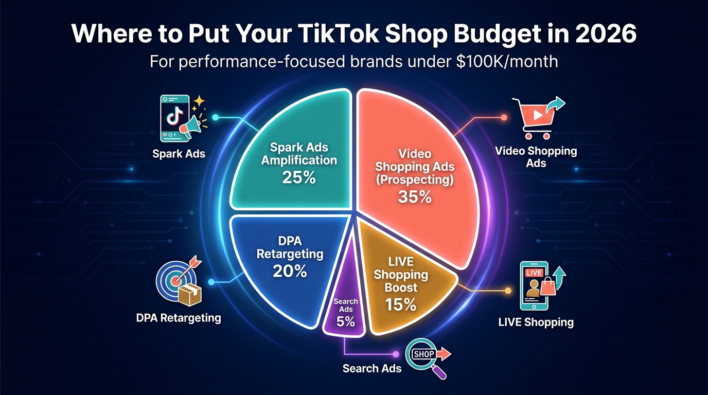 TikTok Shop ad budget allocation pie chart 2026 showing Video Shopping Ads 35%, Spark Ads 25%, DPA Retargeting 20%, LIVE Shopping Boost 15%, Search Ads 5%