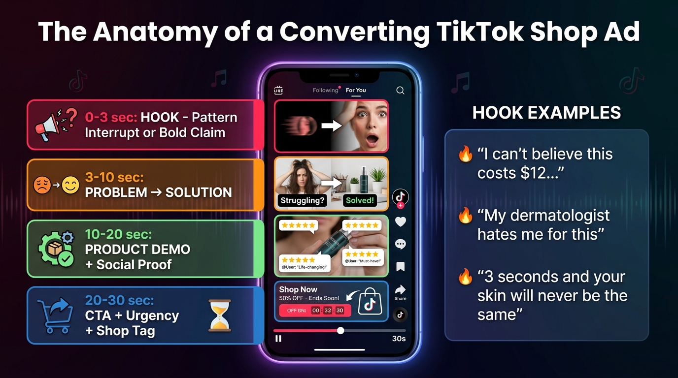 Anatomy of a converting TikTok Shop ad infographic showing 30-second video structure with hook 0-3sec, problem-solution 3-10sec, product demo 10-20sec, and CTA 20-30sec
